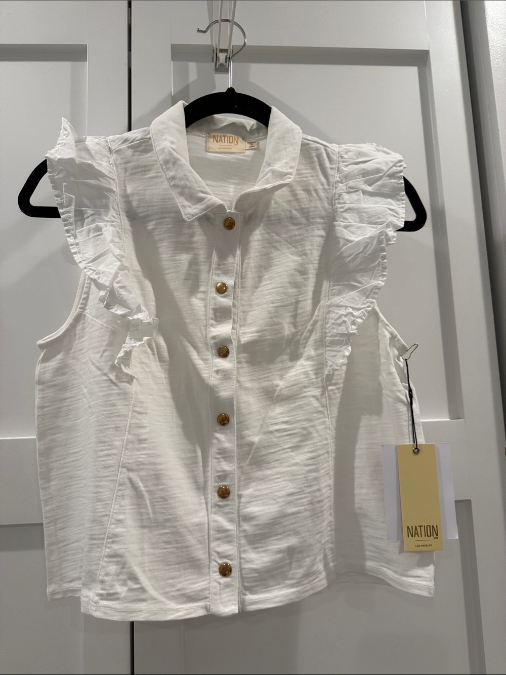 Nation LTD White Ruffle Sleeve Button-Front Top